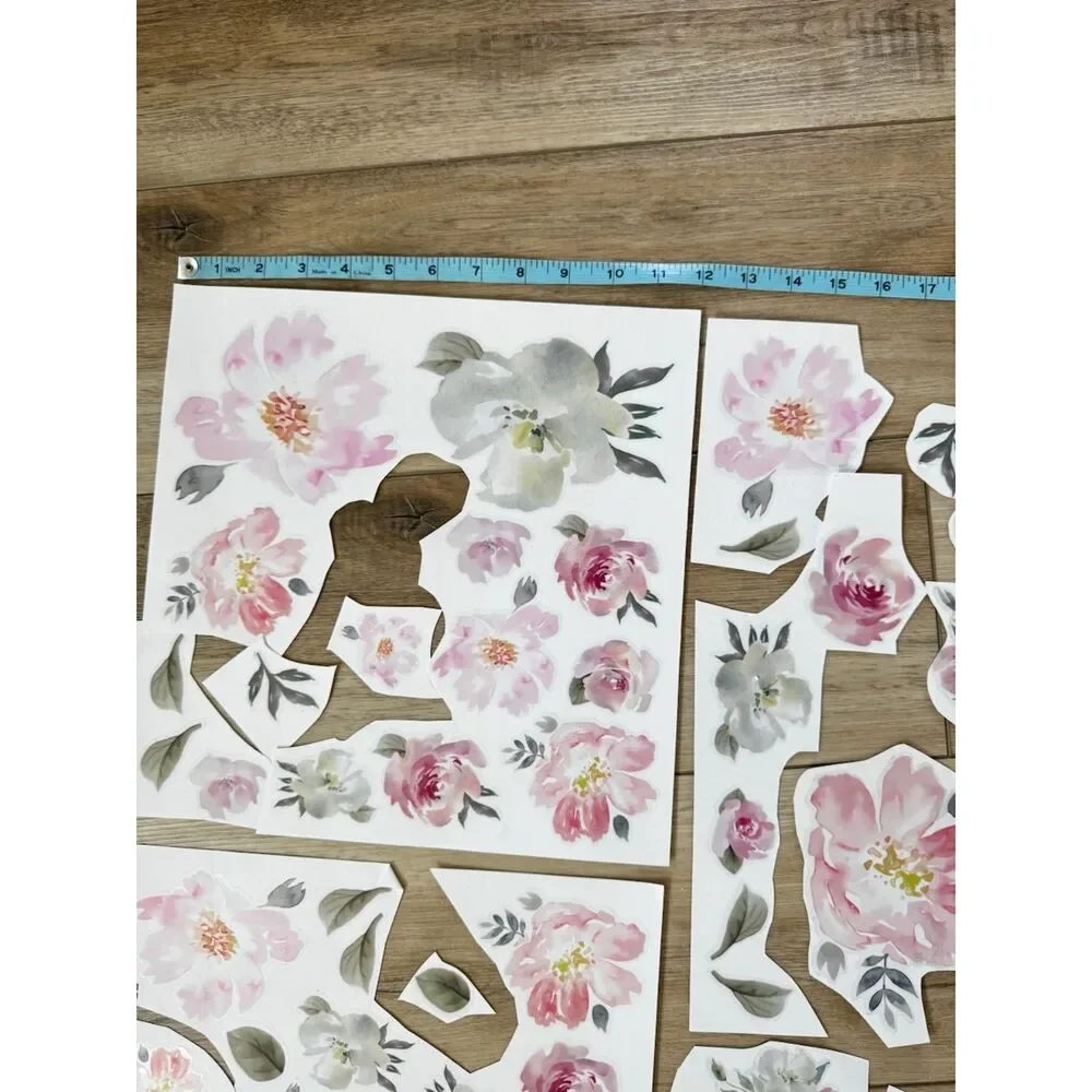Toarti Vinyl Wall Decals Pink Poppy Roses Flowers Leaves Peel & Stick Decor (54)